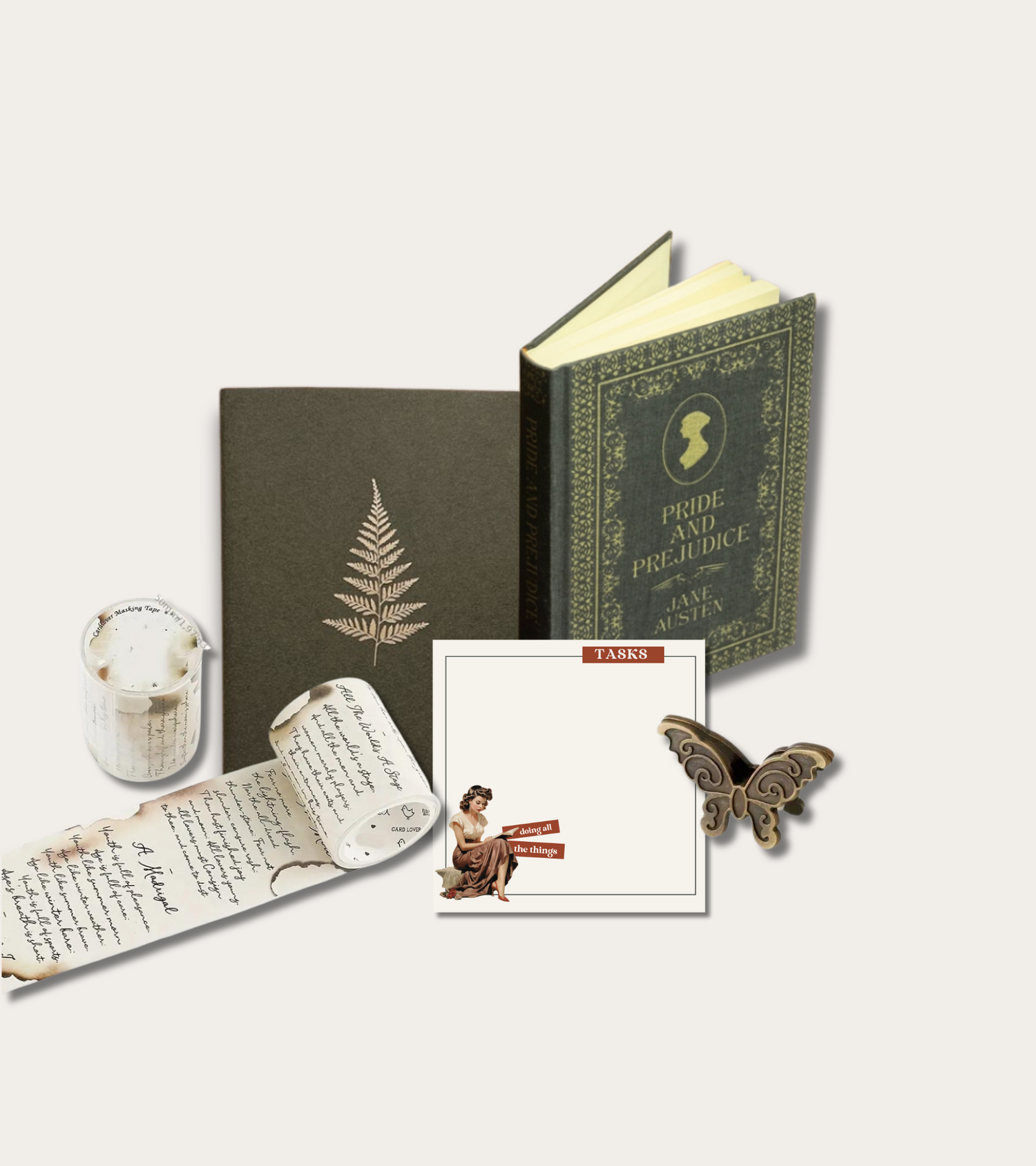a curated collection of journaling essentials beyond notebooks and stickers. Explore unique writing tools, vintage stamps, washi tapes, desk accessories, and paper goods to elevate your creative process.