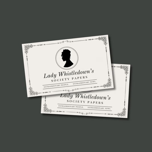 Lady Whistledown's Society Papers' cards on a dark gray background