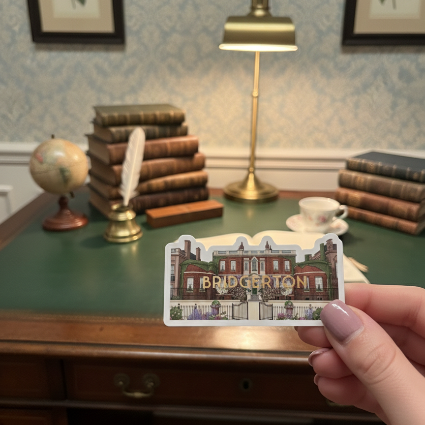 Hand holding a 'Bridgerton' themed card in front of a vintage desk setup.